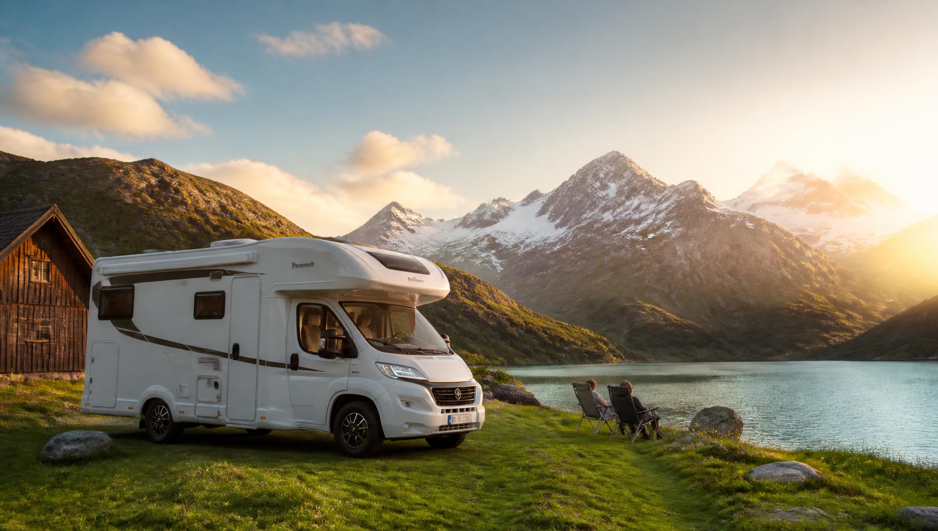 Wohnmobil auf einer Almwiese am türkisfarbenen Bergsee